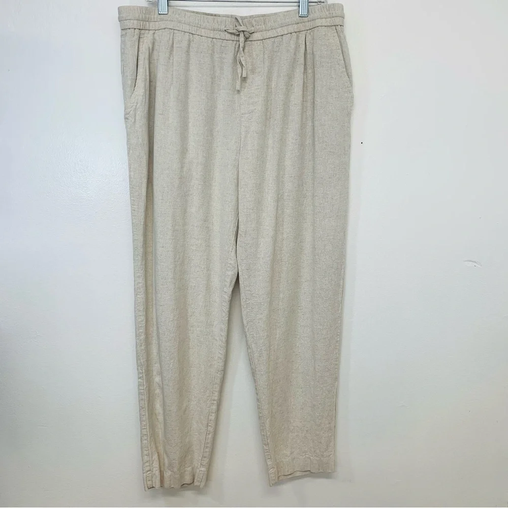 Zara Pants Woman XL Linen Blend Pull On Drawstring Pockets Neutral Tapered Ankle